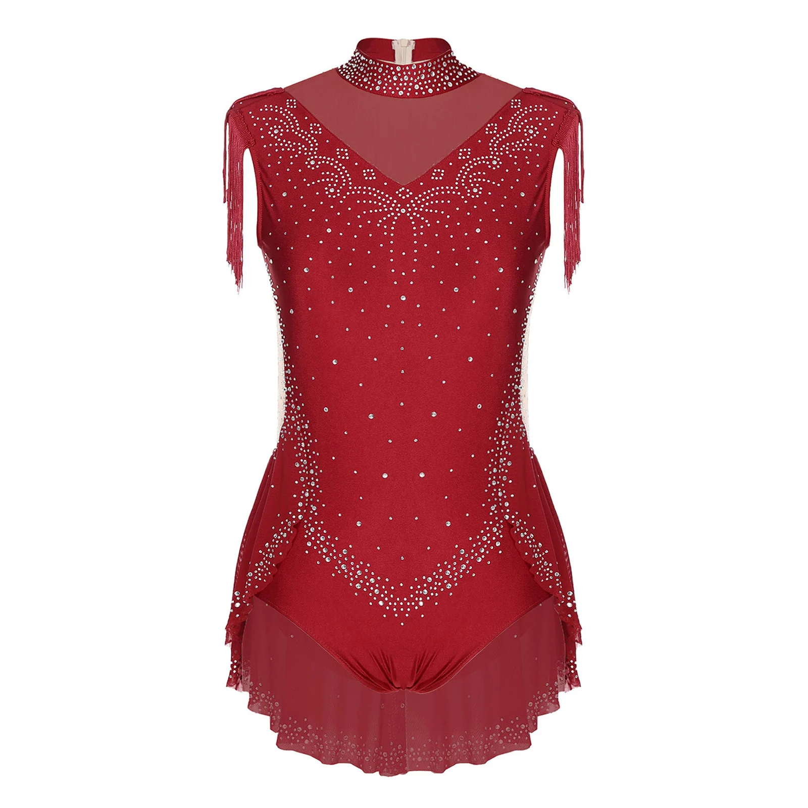 6–16 Jahre Mädchen-Eiskunstlauf-Trikotkleid, ärmellos, Strasssteine, Netz-Quasten-Body für lyrischen lateinamerikanischen Tanz, Ballett, Gymnastik – Detail 22