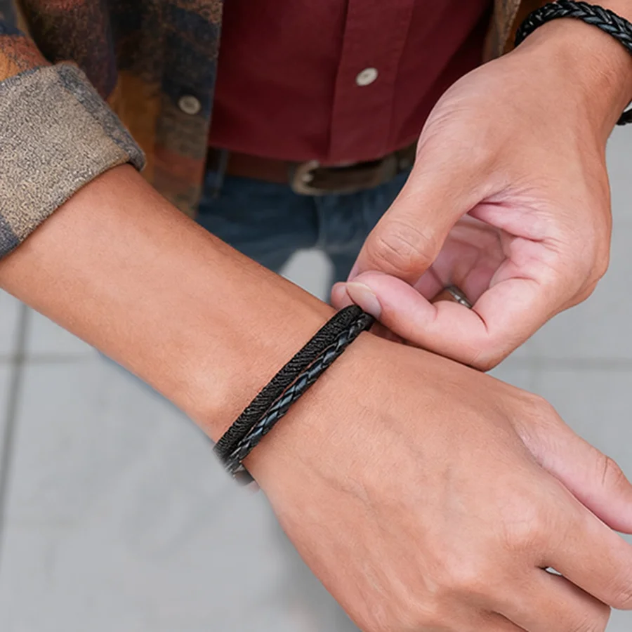 Handmade Leather Men Bracelet Bilayer Woven Accessory