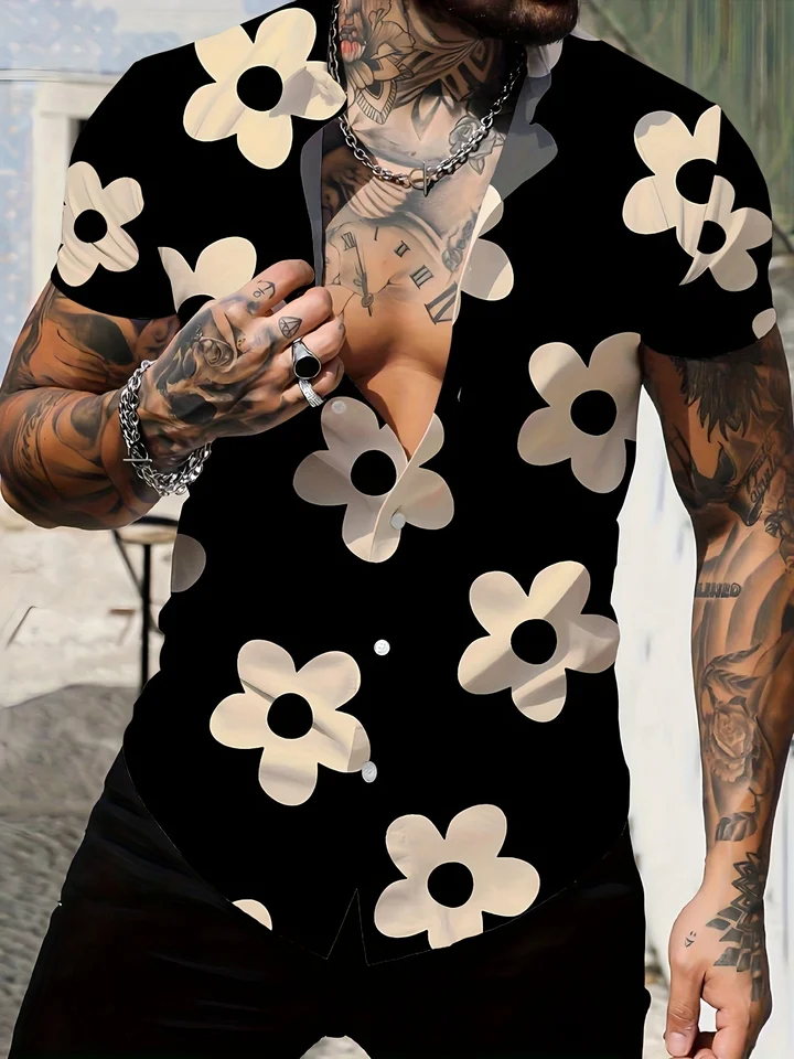 Men's Vintage Sunflower Hawaiian Shirt - Black Background, Short Sleeve Tropical Button Up For Summer - View #3