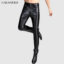  CARANFIER Mens Autumn New Brushed Mid Waist PU Leather Pants Black Leggings Male Skinny Pencil Clothing Elastic Trousers Men 