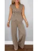 Casual Sleeveless V-neck Neckline Pleated Button Sleeveless Top 2piece Set Elegant Women Office Wide-leg Long Pants Twopiece Set 6