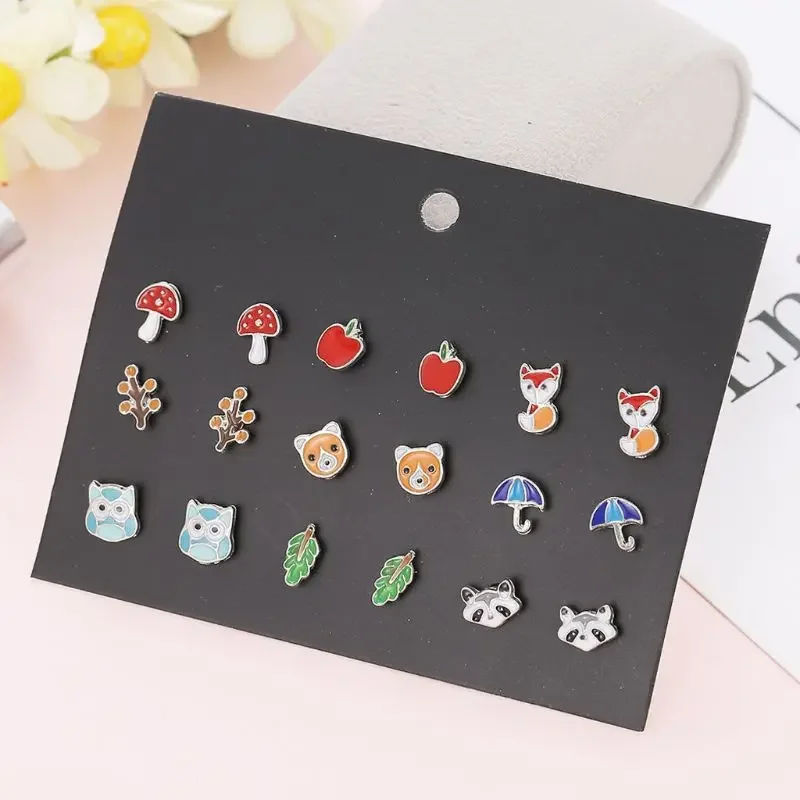 30 Pairs Stainless Steel Mixed Animals Heart Star Mushroom Tree Umbrella Earrings Set kids earrings set Kids