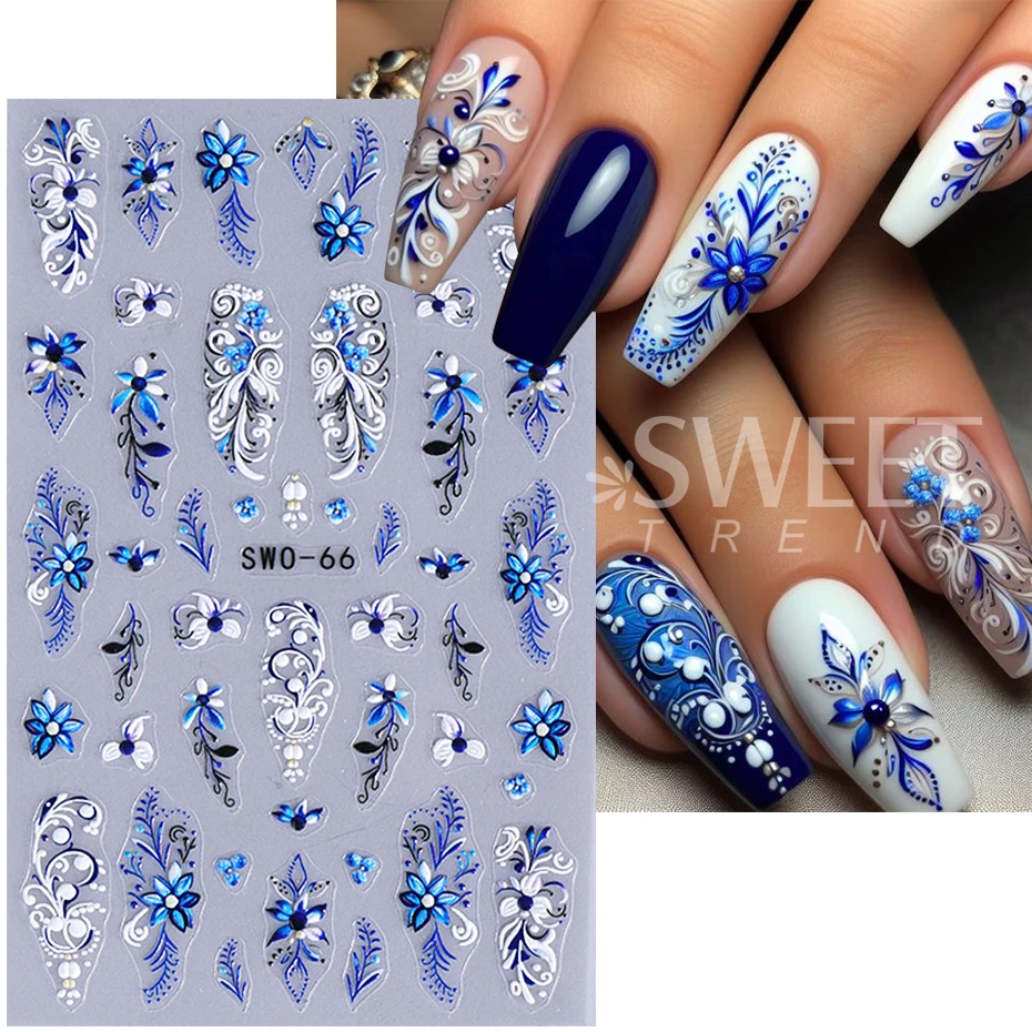 2pcs Nail Art Stickers White Blue Totem Petals Pattern Self-adhesive Nail Decals Bohemian Style DIY Manicure Decoration Sliders