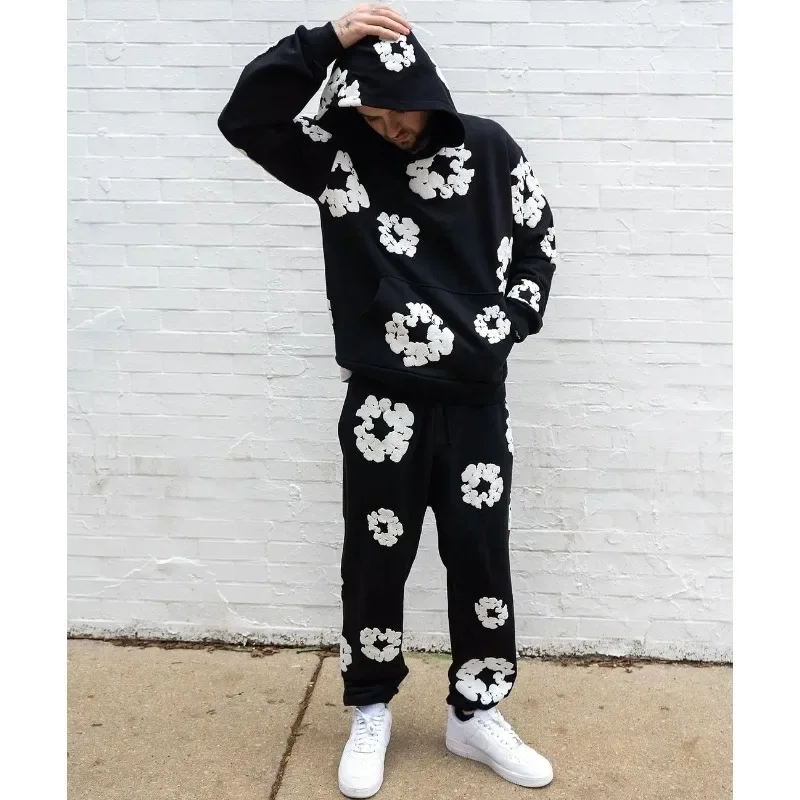 

American retro hoodie trousers two-piece set personalized printed sweatshirt sweatpants suit y2k couple clothes unisex clothing