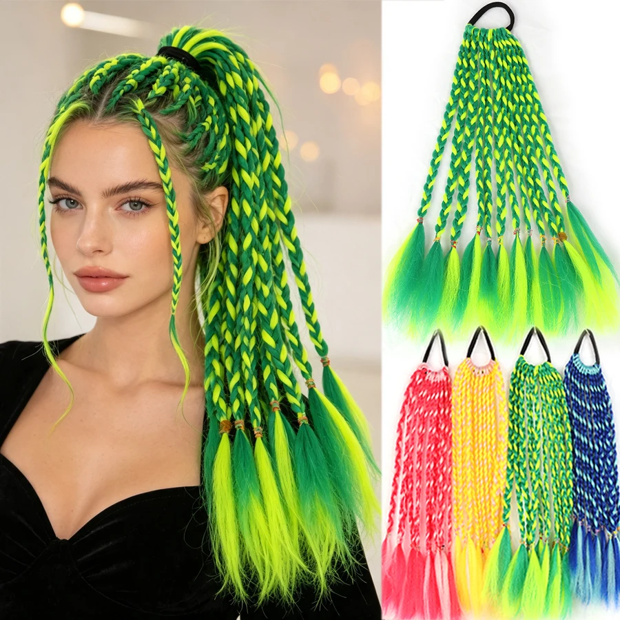 Extension per coda di cavallo intrecciata sintetica arcobaleno per donna, parrucchino intrecciato colorato con fascia elastica, capelli per cosplay di Halloween