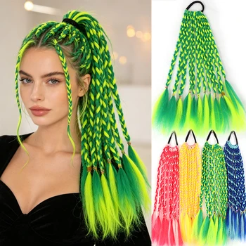 Extension per coda di cavallo intrecciata sintetica arcobaleno per donna, parrucchino intrecciato colorato con fascia elastica, capelli per cosplay di Halloween