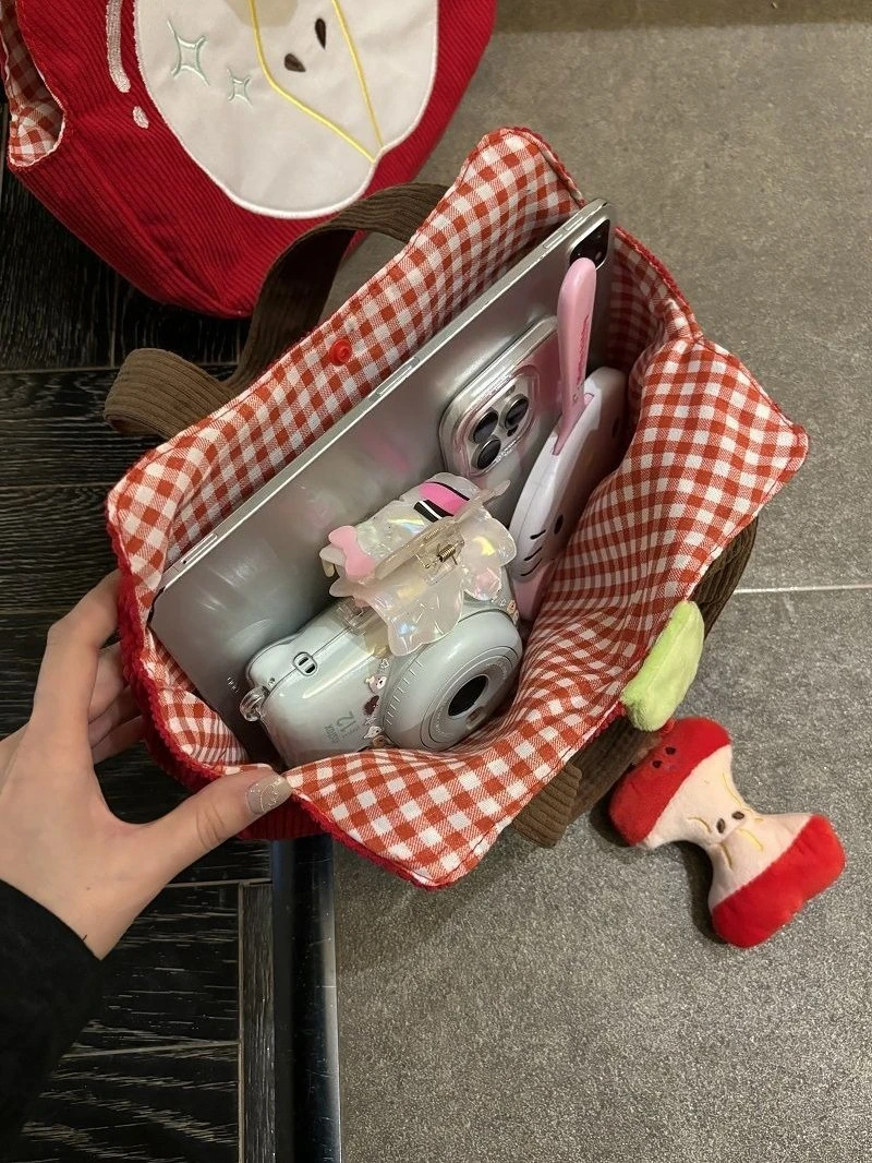 Red Apple Handbag Creative Cute Corduroy Shoulder Bag Stylish Outing Canvas Bag With Apple Pendant Casual Versatile Shoulder Bag
