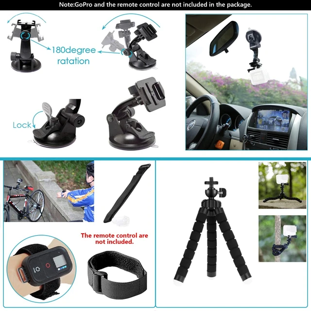 Kit d'accessoires de caméra d'action pour Gopro Hero13, 12, 11, 10, Xiaomi Yi, Insta360 Bery Case, Selfie Stick, Moto, Sangle de montage 3