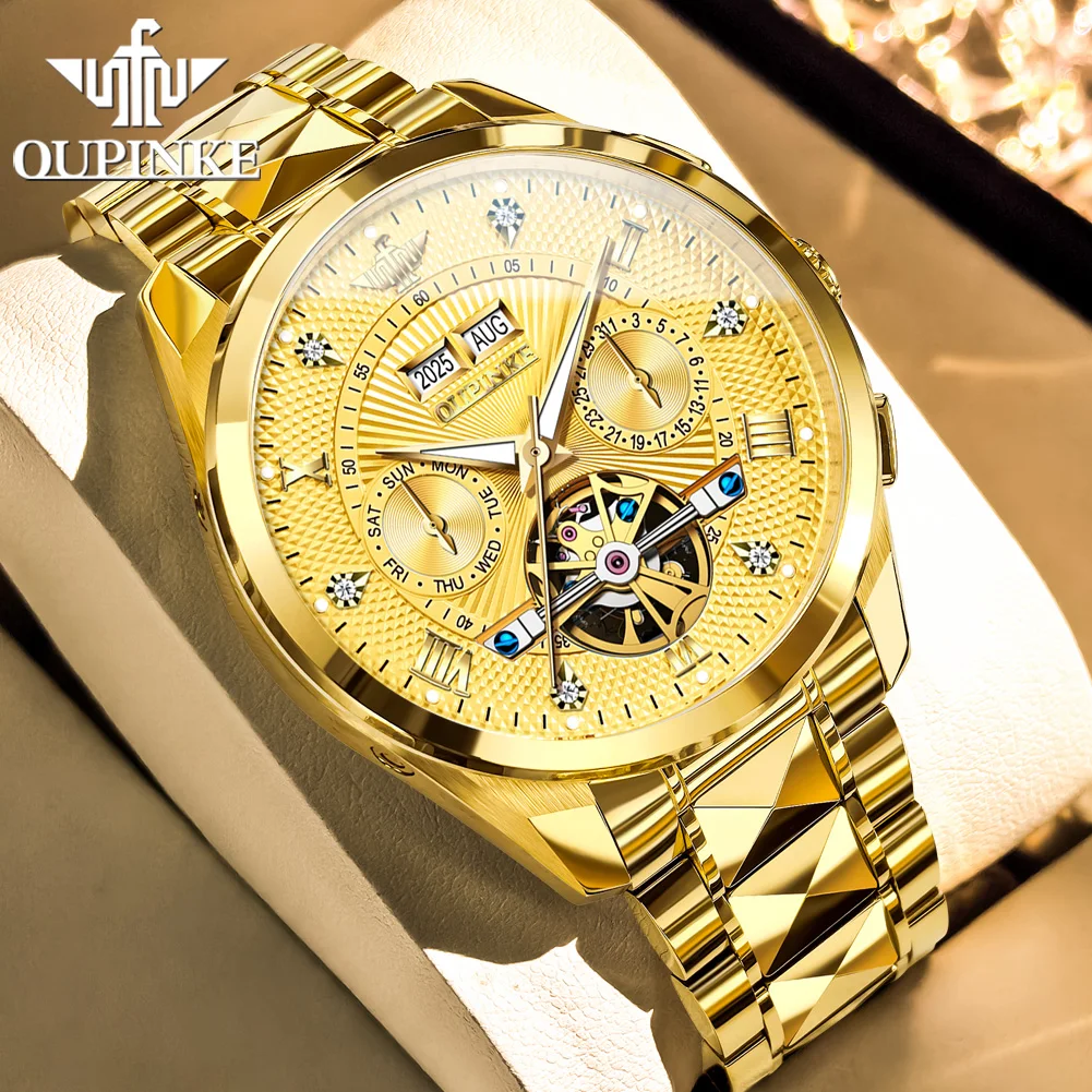 OUPINKE 3270 Luxury Man Watch Fashion Skeleton Flywheel Fully Automatic Watch For Men HD Luminous Men's Mechanical Wrist Watches