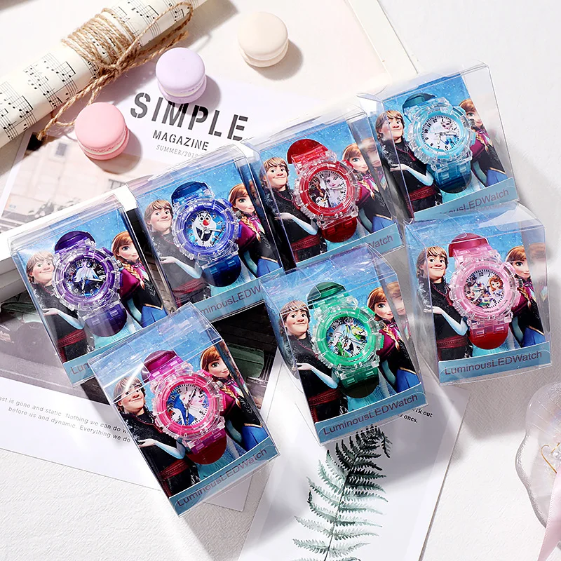 Mechanical Watch cartoon Pattern Led Glowing Flash Children Watch Toys Fashion Leather Quartz Wristwatch Christmas Gifts for Kid