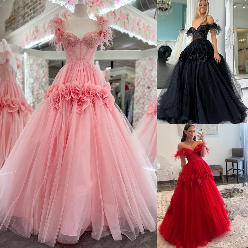 Blush Prom Dress 2 K23 Off-Spalla Ballgown 3D Rose Floral Lady Pageant Formal Event Party Runway Black-Tie Gala Feather Sleeve