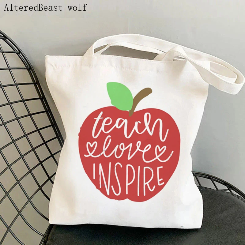 Teacher supplies Shopper bag Teach Love Inspire Bag Harajuku Shopping Canvas Shopper Bag girl handbag Shoulder Lady gift Bag