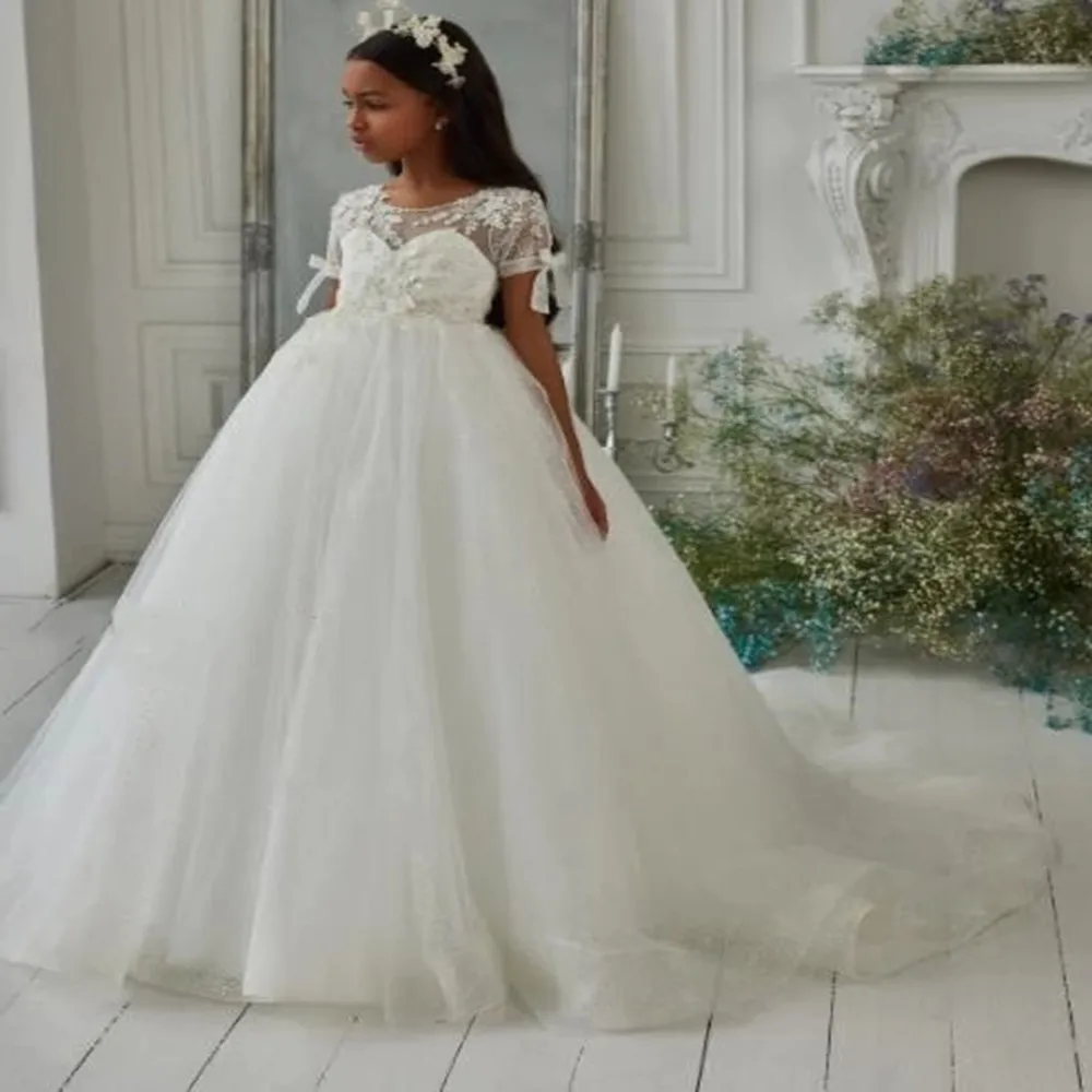 

Flower Girl Dress Princess Short Sleeves Sheer Neck Communion Kid Pageant Gown Birthday Wedding Baptism children's Gift