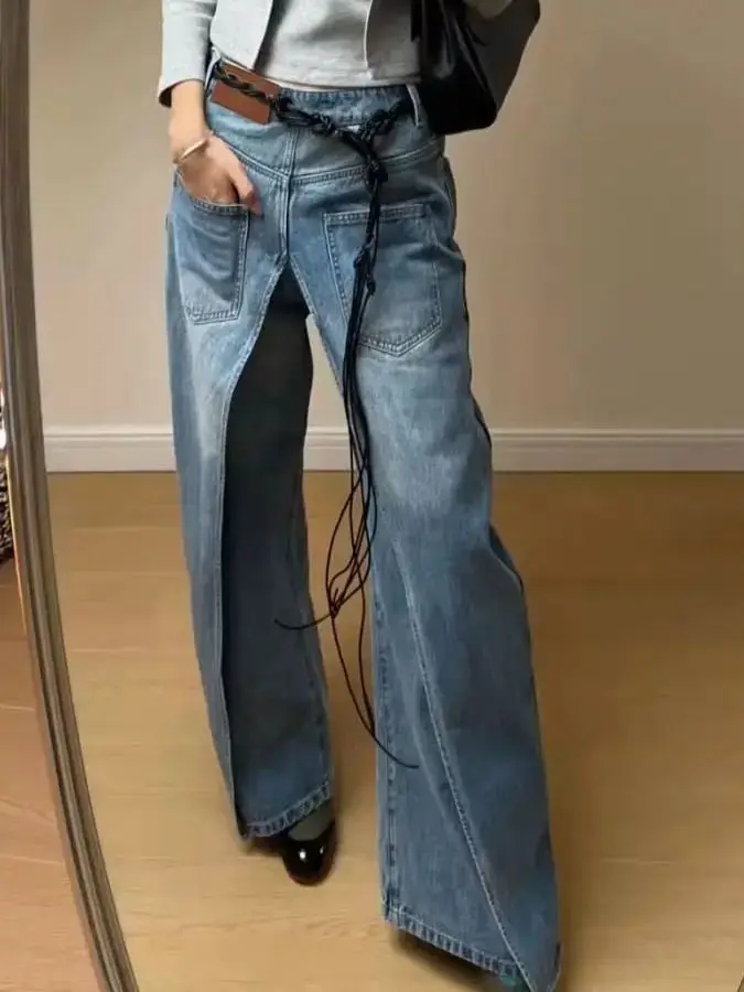 

Jeans Deconstruction Of Both Front And Back Wear Blue Women'S Retro Wide Leg Baggy Denim Harajuku High Waist Loose Jeans 2024