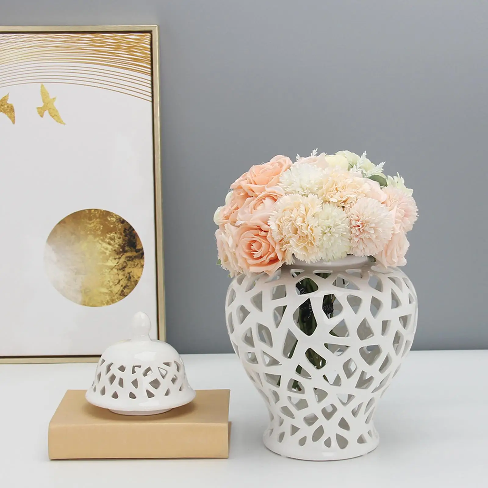 Ceramic Ginger Jar With Lid Hand Painted Ceramic Vase for Table Floral Arrangement for Home Decor White Large Vase