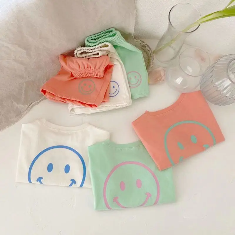 baby clothes set gift Summer New Baby Short Sleeve Suit Boy Baby Smiling Face Hit Shirt + Shorts Home Two-piece Set Girl Baby Cotton Sportswear Baby Baby Clothing Set comfotable