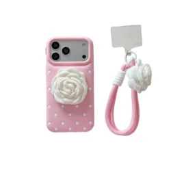 Charming 3D Polka Dot Silicone Case with Rose Flower Design and Strap - iPhone 14 Pro (With strap - Pink)