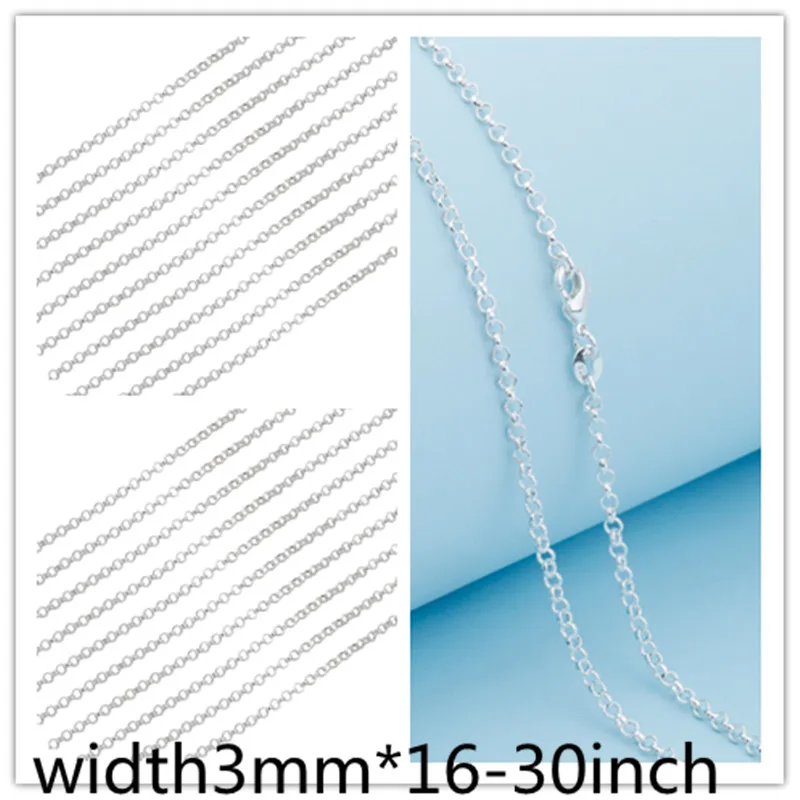 10PC Fashion Jewelry 925 Sterling Silver 3MM CROSS Link Chain 16''-30'' Women's Pendent Chain Color Lobster Clasp