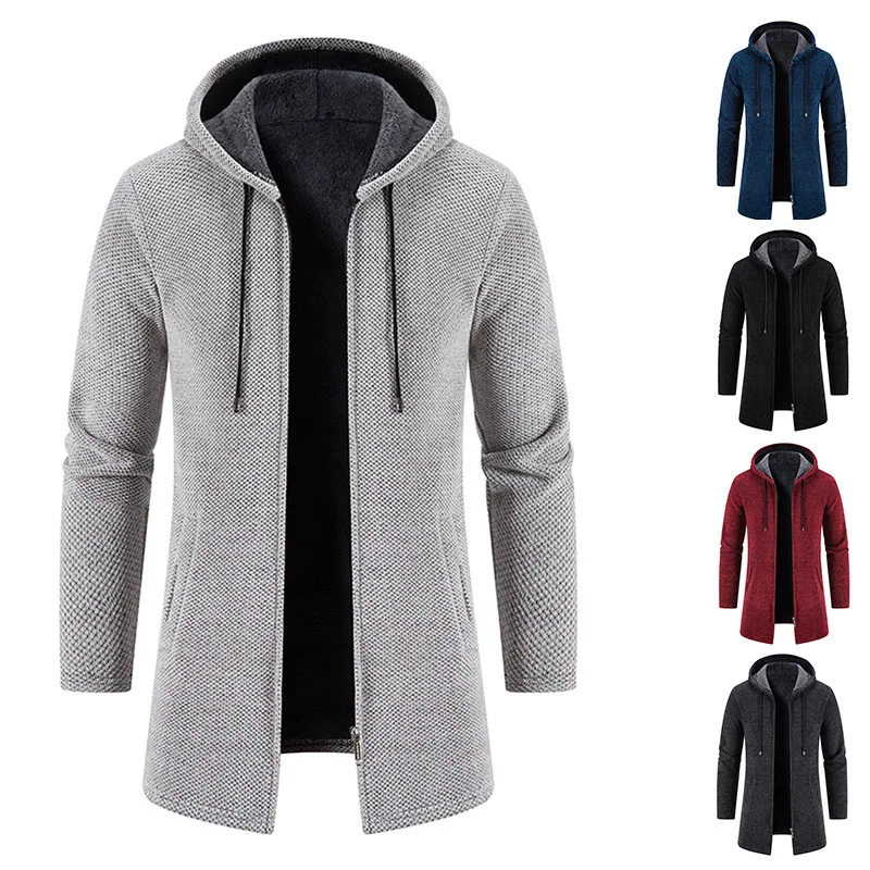 Slim Fit Versatile Windbreaker Men's Mid Length Coat Autumn and Winter Hooded Plush Knitted Sweater Korean Version Trend