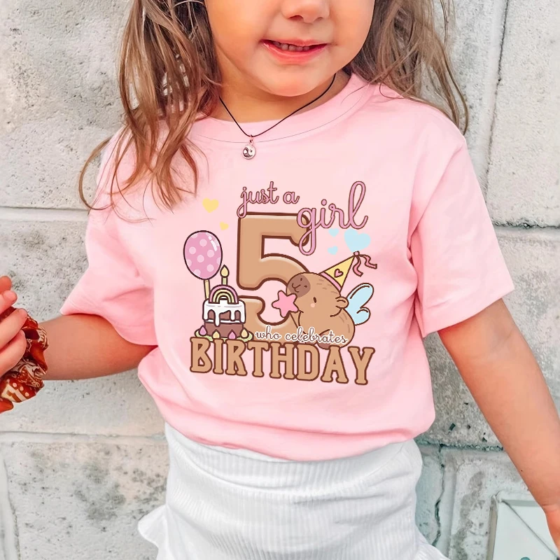 Girl Party T Shirts Capybara Birthday Party Clothes Girl Number Pink T Shirt Toddler Cartoon Print Short Sleeve Tops Cute Baby Kids Cotton Tee Shirt