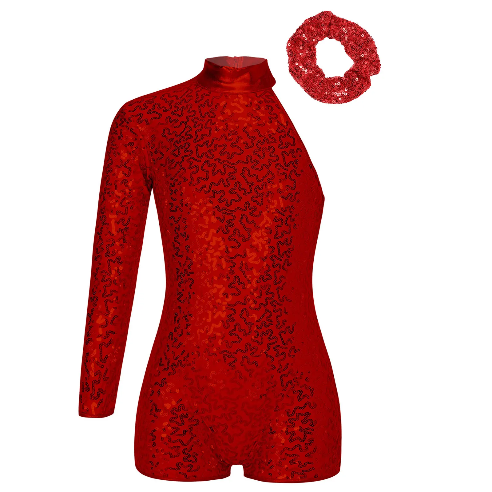 TiaoBug Kids Girls Jazz Dance Bobysuit Leotard Outfit One Shoulder Long Sleeve Shiny Invisible Zipper Back with Sequins Hair Tie