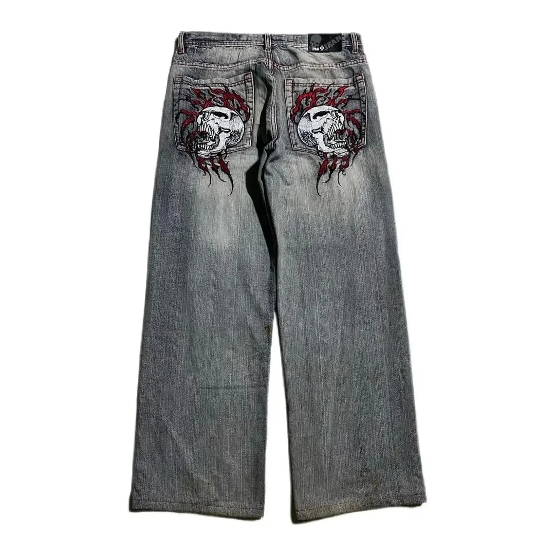 Pantalon Jean Gothique Homme - Imprimé Crâne, Jambe Droite, Denim Punk, Taille 29-38