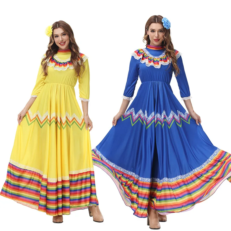 

Girl Traditional Mexican Folk Dancer Dress For Adult Woman National Mexico Style Guadalajara Holiday Costume Bohemia Long Skirt