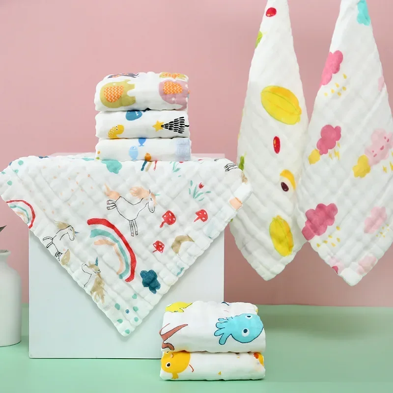 Children Hand Wipe 1/3Pc 25X25cm 6 Layers Squares Cotton Lovely Cartoon Printed Folds Hand Towel Baby Candy Colors Gauze Towel