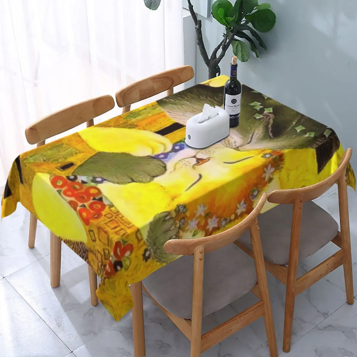 

Pet Cat The Kiss Tablecloth Rectangular Elastic Oilproof Gustav Klimt Art Table Cover Cloth for Dining Room