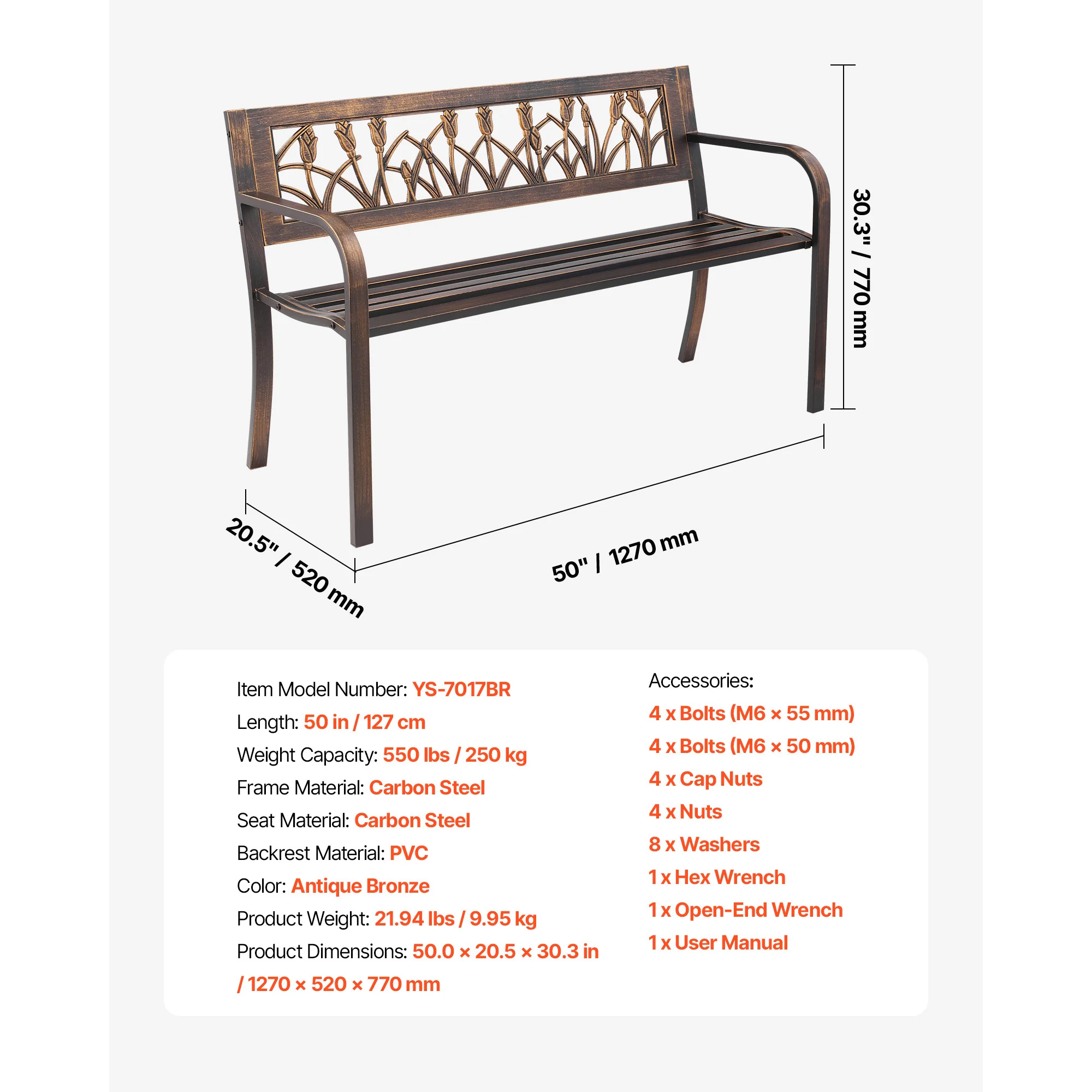 Black Outdoor Bench Wooden Metal Garden Bench for Outdoors 480 lbs Load Capacity Bench Outdoor Garden Park Bench