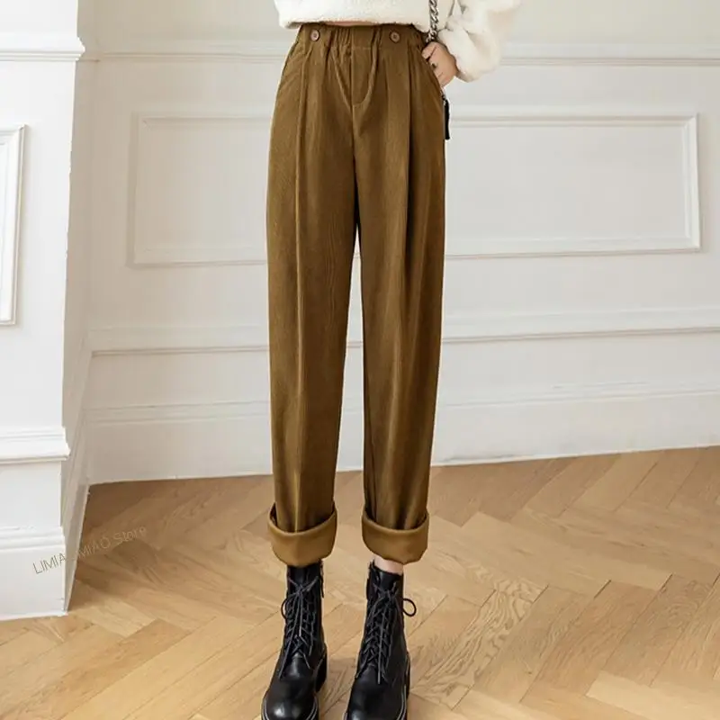 2022 Rimocy Autumn Casual Corduroy Women's Pants Winter High Waisted Loose Trousers Female Solid Wide Leg Streetwear Pants Woman