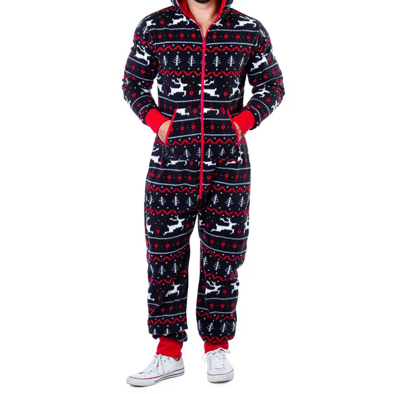 Christmas Autumn Winter One Piece Pajamas Valentine's Day Couple Dress Hooded Love Print Homewear Zipper Sleepwear