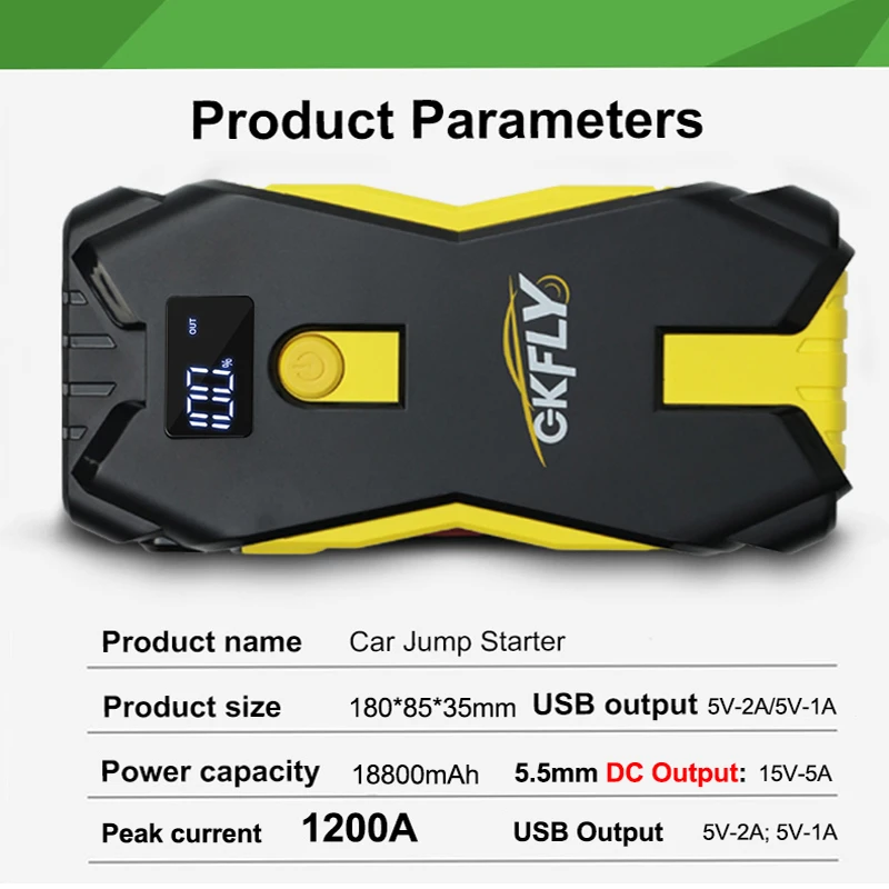 1200A Car Jump Starter Power Bank 18800mAh Portable Car Battery Booster 12V Starting Device