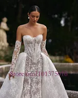 Pearls Sweetheart Neck Detachable Long Sleeve 2 Pieces High Quality Lace Mermaid Wedding Dress Elegant Vestido De Noiva Sereia 5