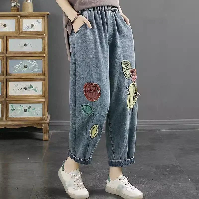 Vintage Embroidered Patch Baggy Jeans For Women's Spring Summer Hight Elastic Waist Denim Pants Loose Streetwear Harem Trousers