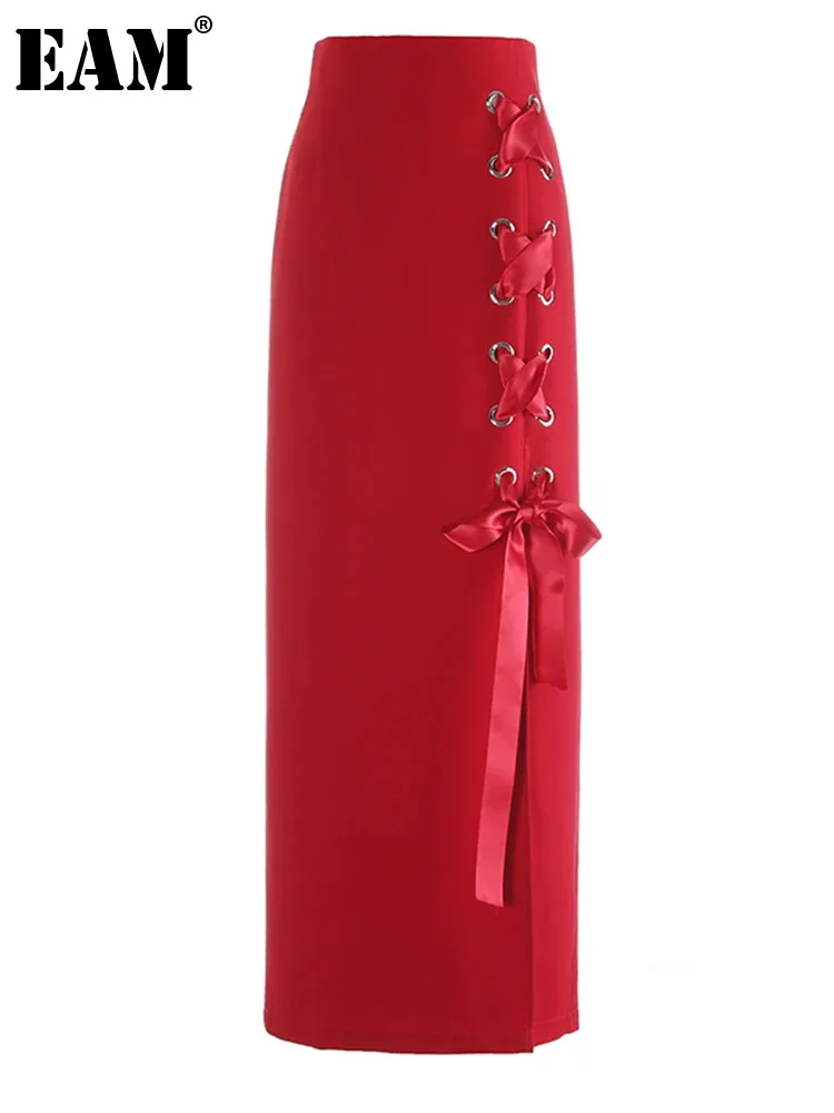 

[EAM] High Waist Red Badnage Hollow Out Slit Elegant Long Half-body Skirt Women Fashion Tide New Spring Autumn 2024 1DH5225