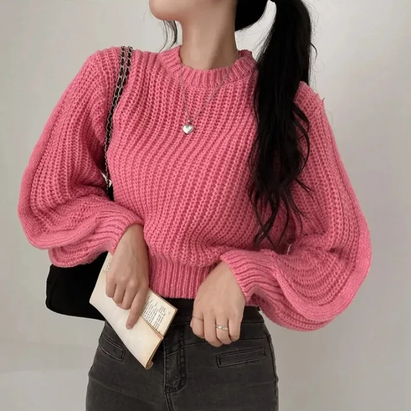 Autumn and Winter Women's Clothing Elegant Short Lantern Sleeve Sweater New Round Neck Pullover Solid Color Slim-fit Knitwear