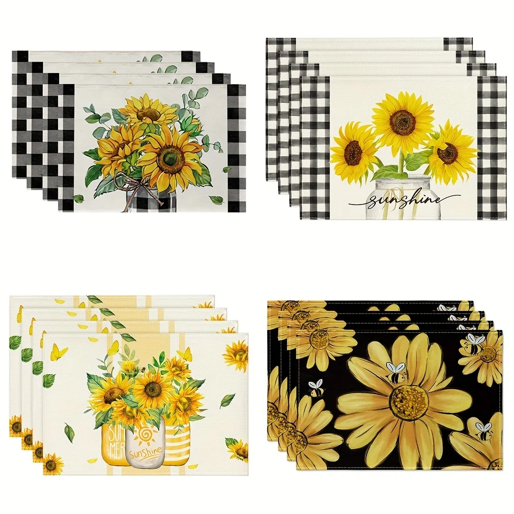 

2pcs Bohemian Sunflower Bee Vase Linen Placemat Rustic Table Mat for Kitchen Dining Wedding Party Supplies Spring Seasonal Decor