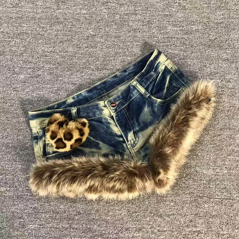 New American Y2k Retro Brown Hair Spliced shorts Trendy Old Hot Girl Low Waist Jeans Vintage Hip-hop Street Clothing Women 3