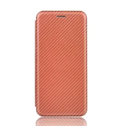 Premium Luxury Leather Flip Case with Carbon Fiber Skin Book Cover for Xiaomi POCO M6 4G (Brown)