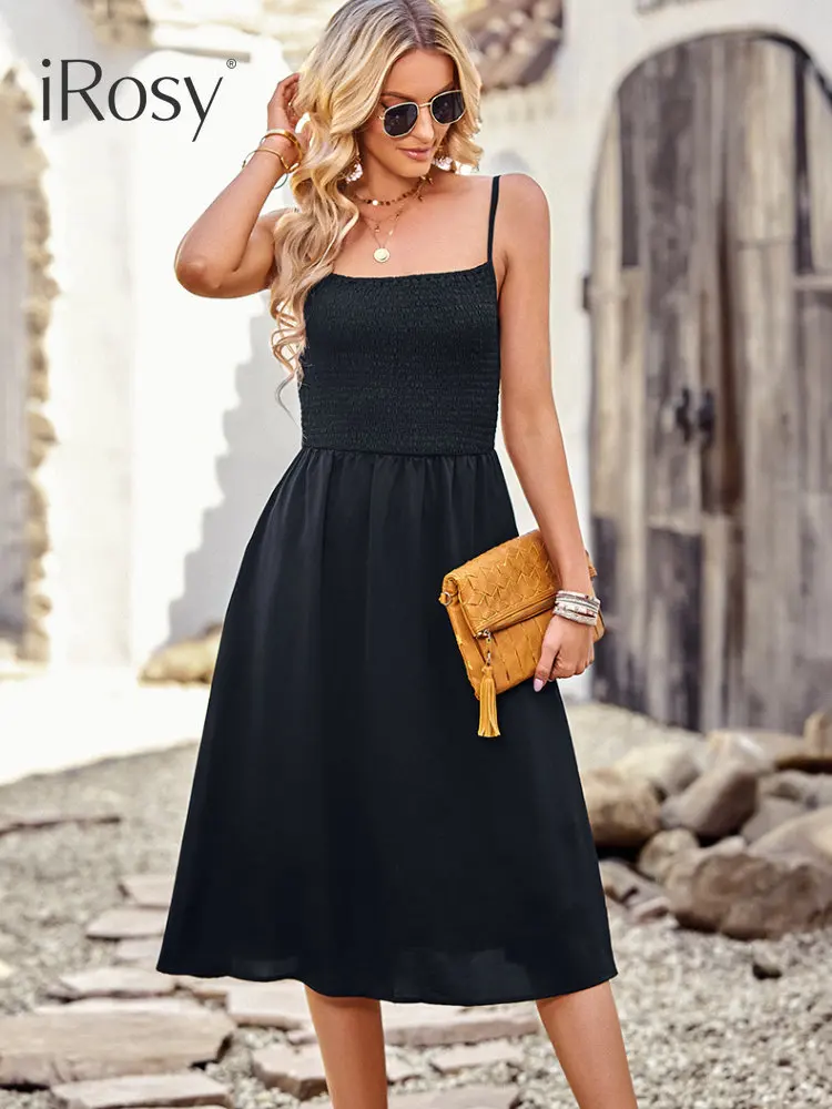 

Shirred Slip Dress with Side Pockets Summer Adjustable Strap Midi Dress for Women Casual Elegant Evening Party Home Dress 2023