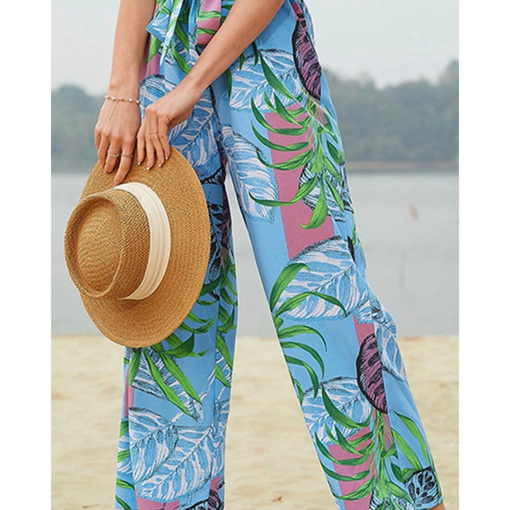 2023 Women Tropical Print Off Shoulder Ruffle Sleeve Jumpsuit With Belt Summer Sexy Lady Wide Leg Jumpsuit Vacation Streetwear