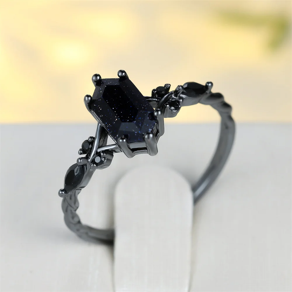 Geometric Stone Blue Crystal Black Zircon Rings For Women Vintage Black Metal Engagement Bands Wedding Jewelry Bridal Party Gift