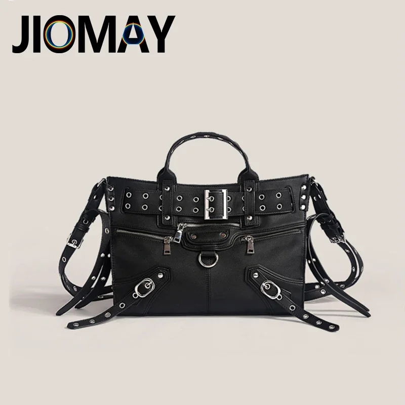 

JIOMAY Women Black Goth Bag 2024 Fashion Woman Ladies Moto and Biker Style Shoulder Bag Rivet Belt Large Capacity Tote Bag