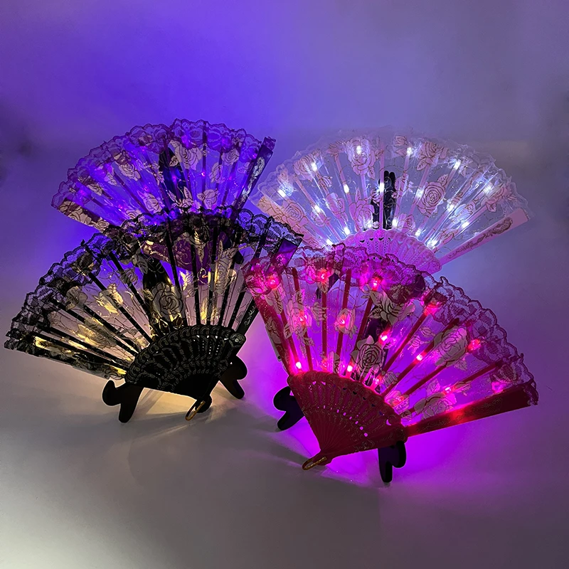 

Glowing Lace Hand Fan Folding LED Light Up Rose Fan Fluorescent Performence Props Luminous Fan For Women Dance Costume