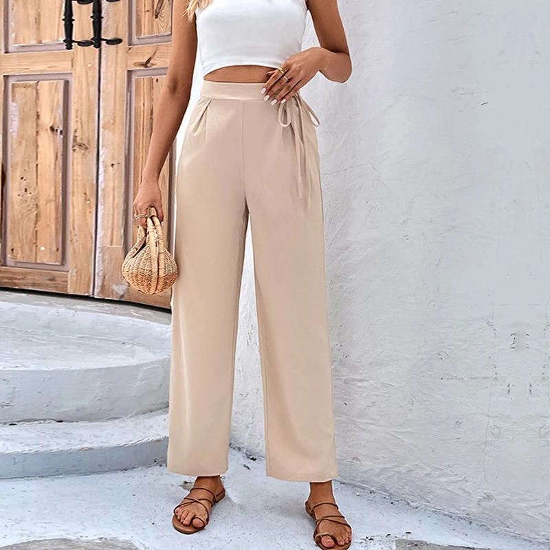 

Spring Office Lady Solid High Waist Ankle-length Pants Women Elegant Apricot Loose Straight Pants Lace Up Pantaloni Donna 25622