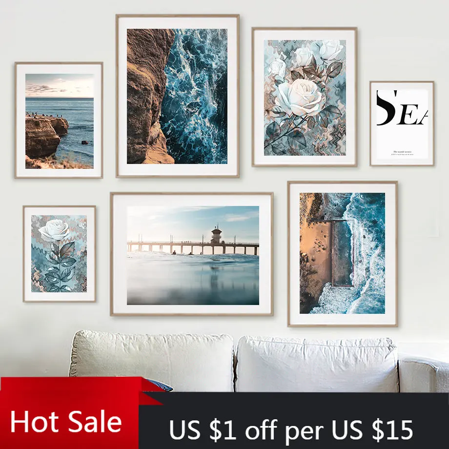 Sea Flower Bridge Boat Car Surfboard Wave Wall Art Canvas Painting Nordic Poster E Stampe Immagini A Parete Per La Decorazione Del Soggiorno