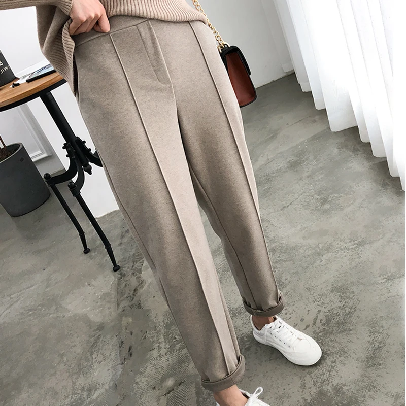 JMPRS Plus Size Women Pants Spring Winter Plus Size Wool Loose Work Suit Pant Elastic Waist Pocket Loose Female Trousers cropped leggings Pants & Capris