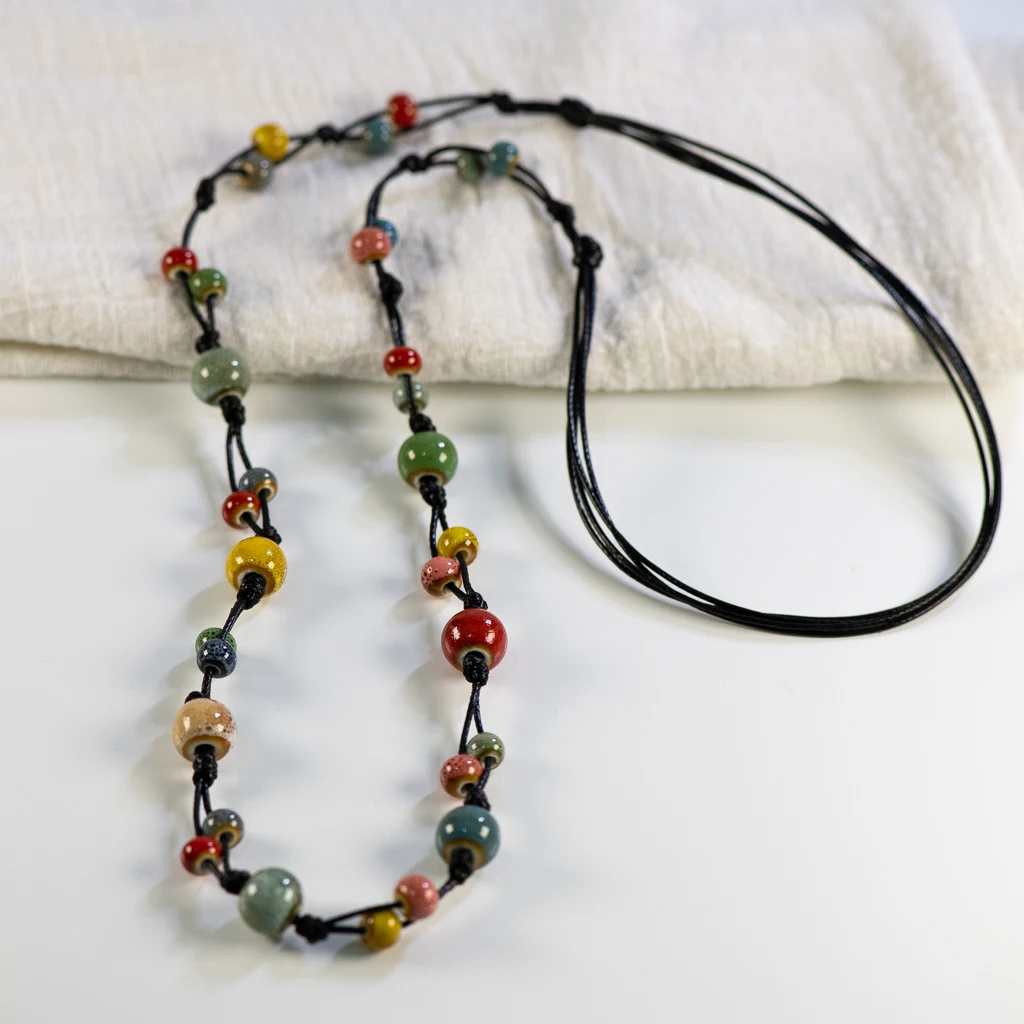 Handcrafted Bohemian Ceramic Necklace with Adjustable Wax Cord