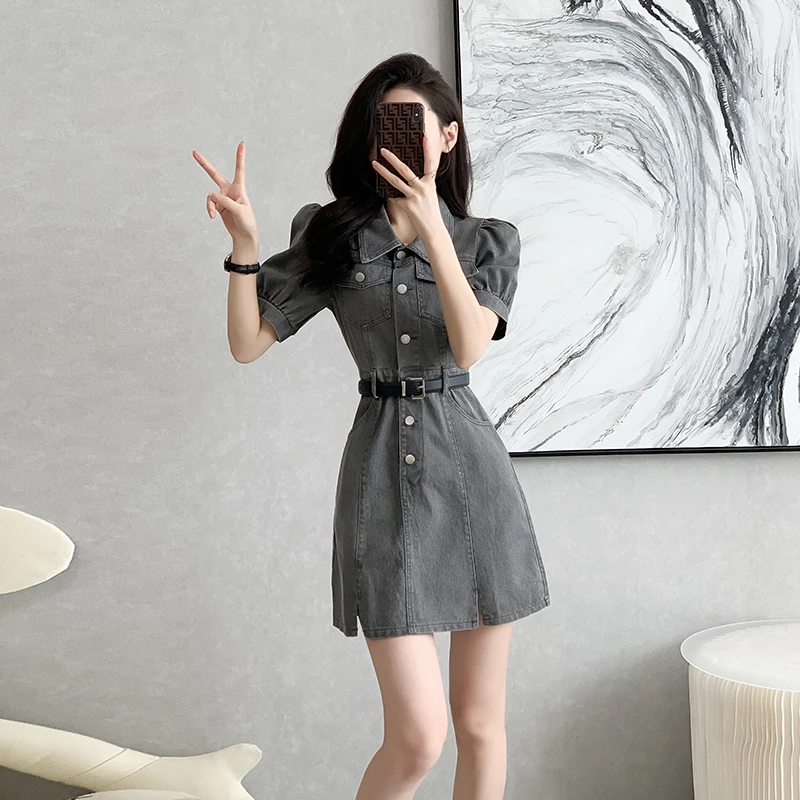 

French Vintage Short Sleeve Slim Belt Denim Mini Dress For Women Lapel Single-Breasted High Waist Cowboy Vestidos 2023 New